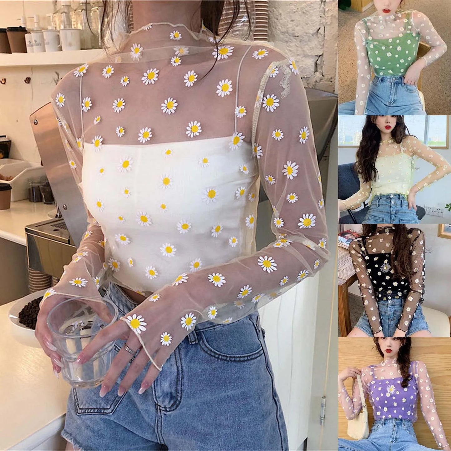 Daisy Print Lace Sleeve Thin Mesh Sunscreen Blouse