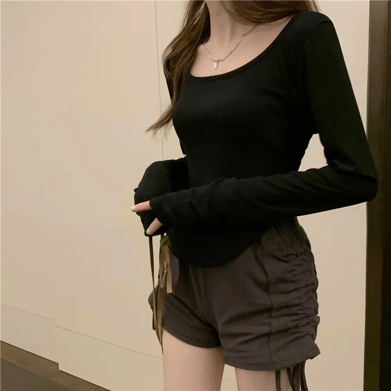 Square Neck Long Sleeve Spring WomenT-Shirt