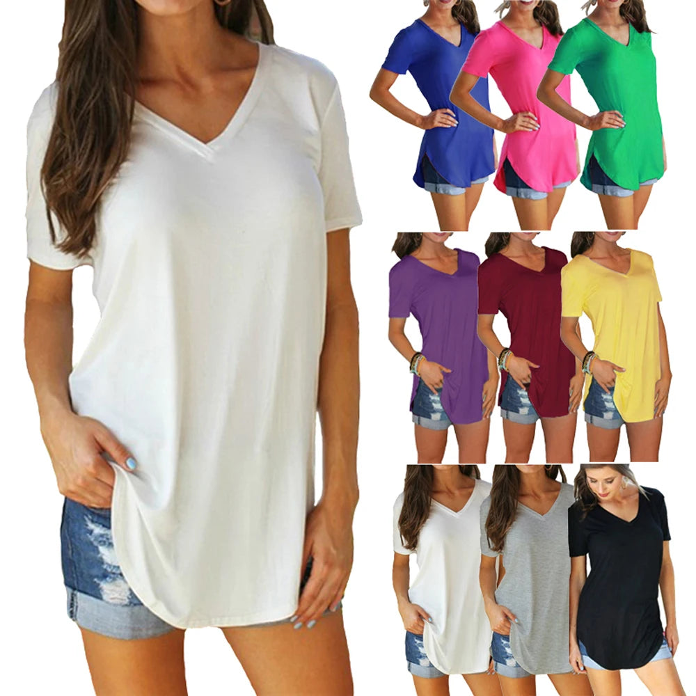 Summer solid color V-neck short sleeve women clothes T-shirt