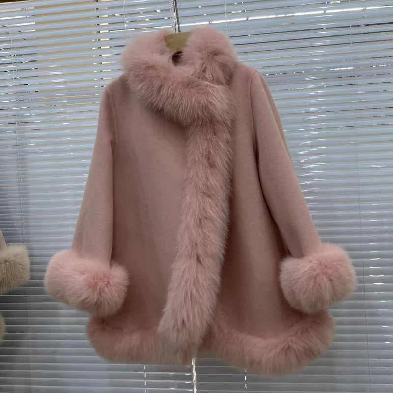 Fur Coat Winter Natural Fox Fur Collar Warm Cashmere Wool Woolen Outerwear Women Jacket