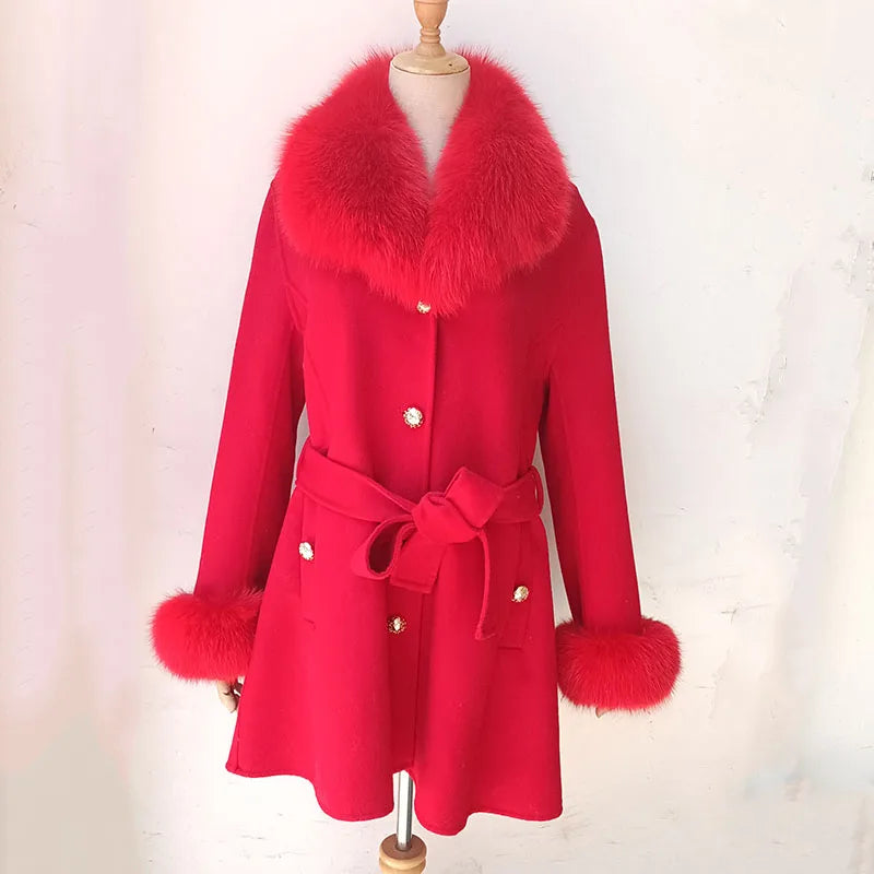 Winter Real Fox Fur Coat Wool With Natural Fox Fur Collar Slim Woolen Cashmere Outwear Women Jacket