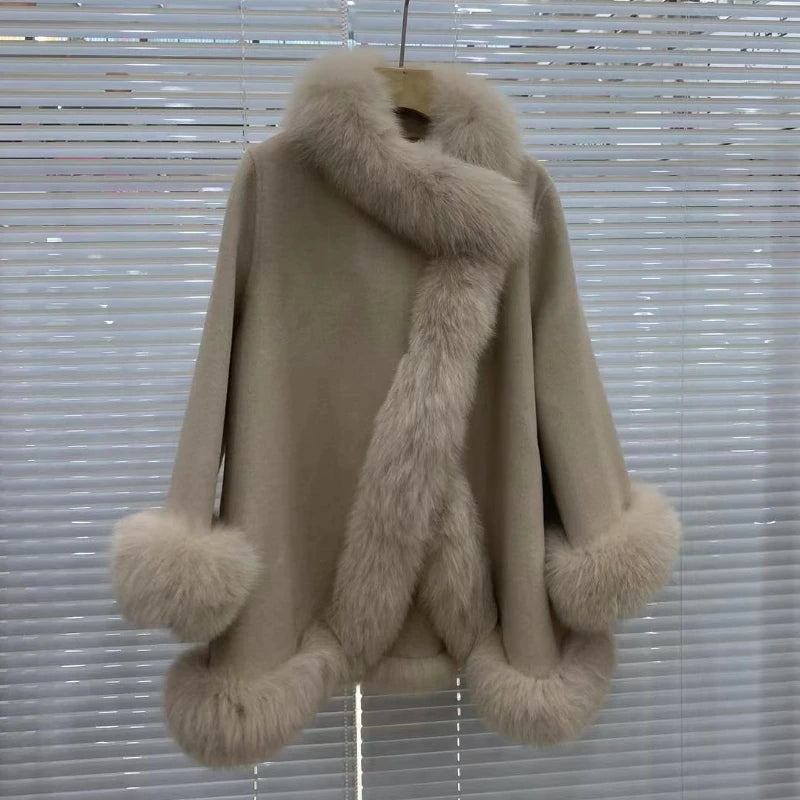 Fur Coat Winter Natural Fox Fur Collar Warm Cashmere Wool Woolen Outerwear Women Jacket