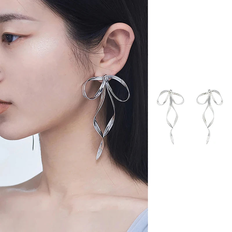 Simple Silver Color Metal Line Bow Earrings