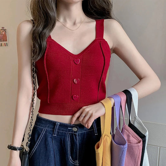 Summer Sexy Buttons V-neck Knit Crop Tops Solid Sleeveless Women Blouse