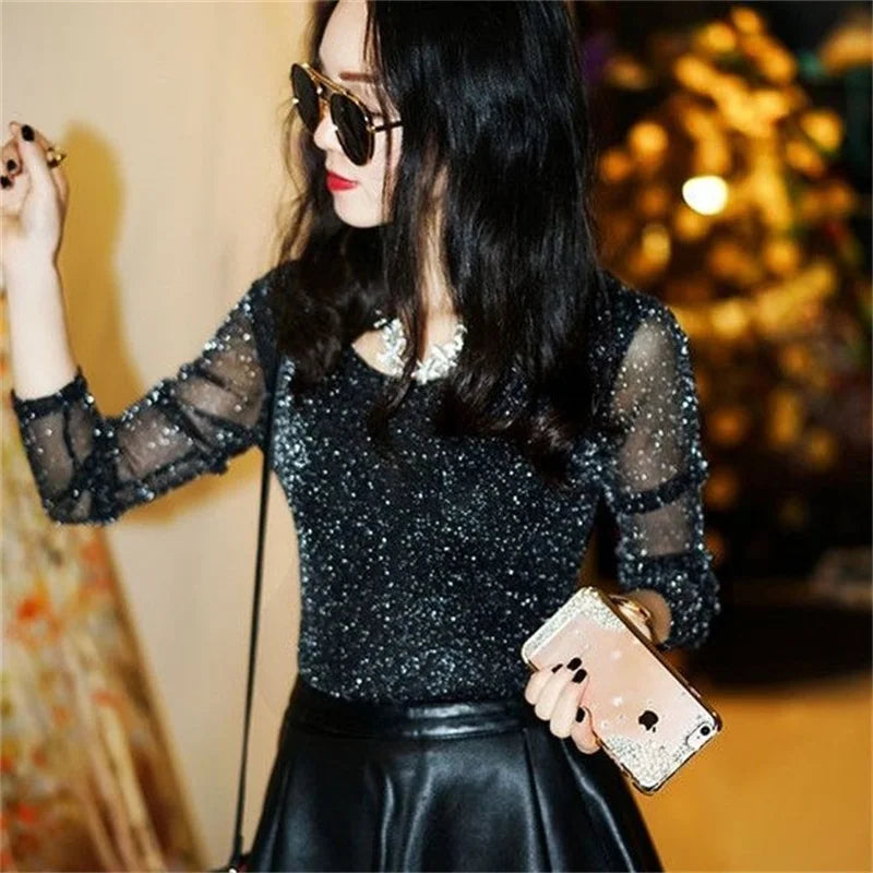 Through Mesh Long Sleeve Transparent Shining Elegant Blouse