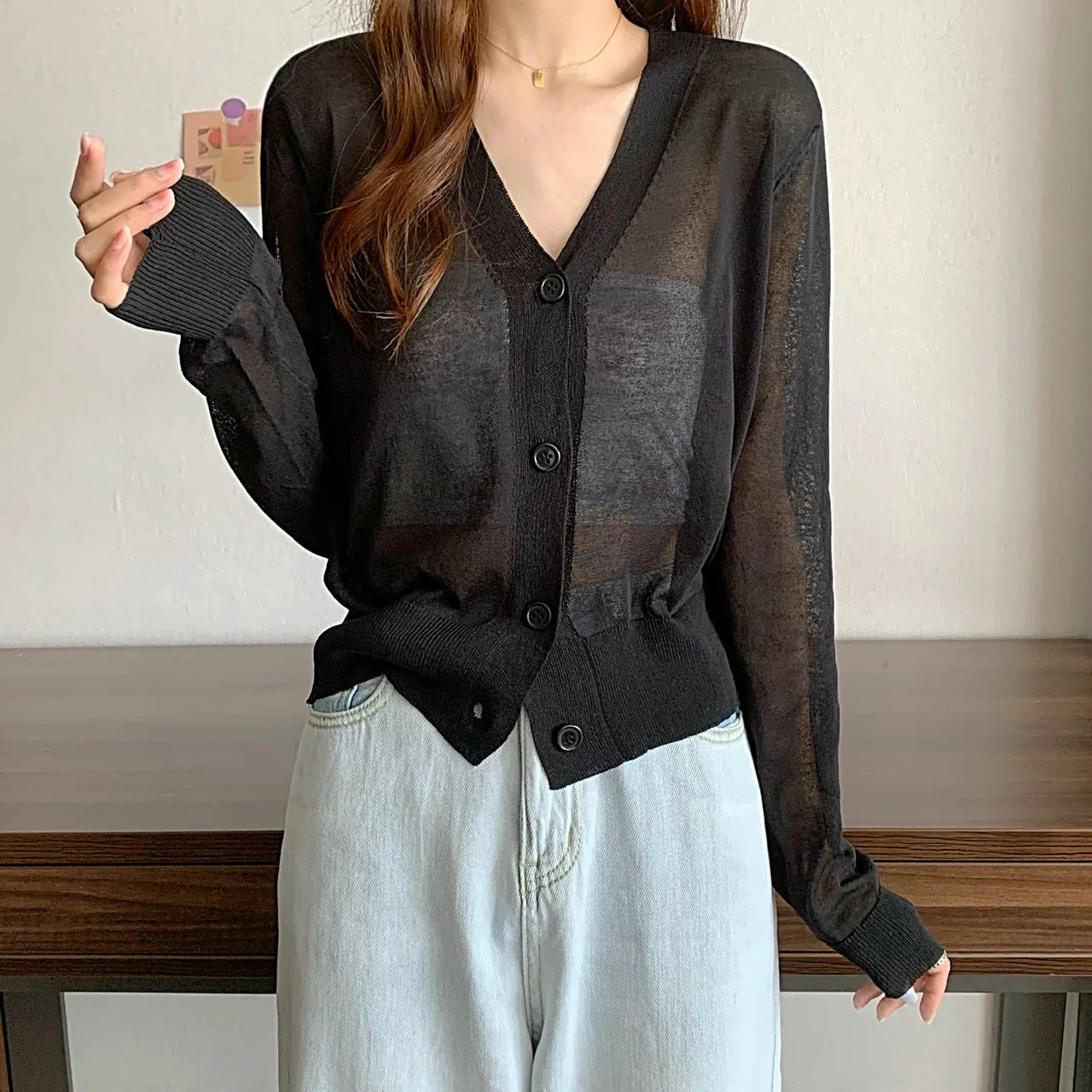 Summer V Neck Cardigan Casual Transparent Simple Thin Sweater