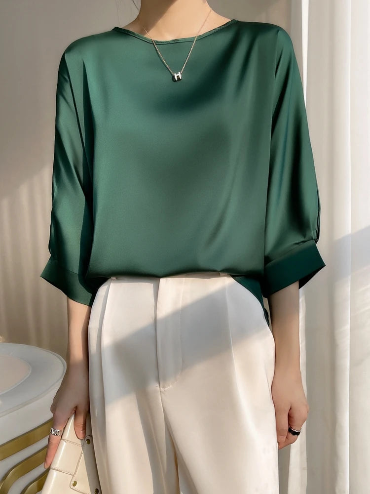 O-Neck Artificial Silk Satin Thin Smooth T-shirt