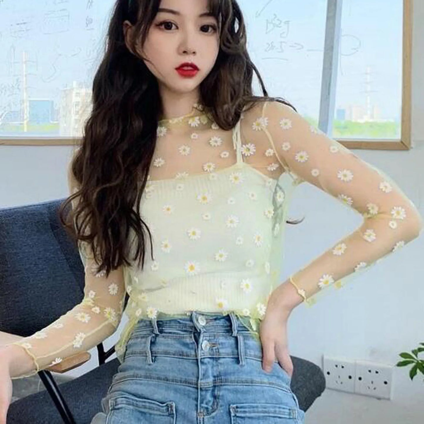 Daisy Print Lace Sleeve Thin Mesh Sunscreen Blouse