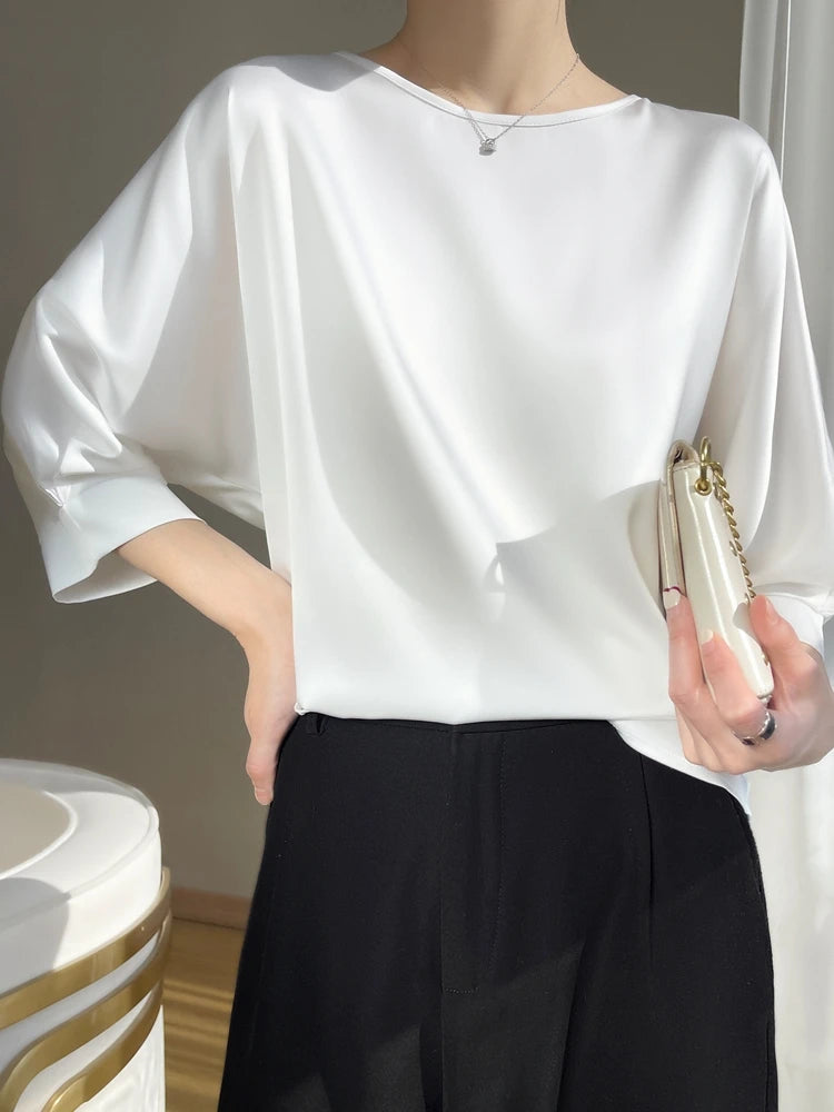 O-Neck Artificial Silk Satin Thin Smooth T-shirt